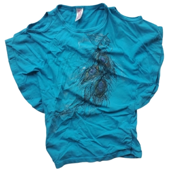Pretty Blue Peacock Feather Shirt-Gitl M 5/6 - Picture 7 of 7